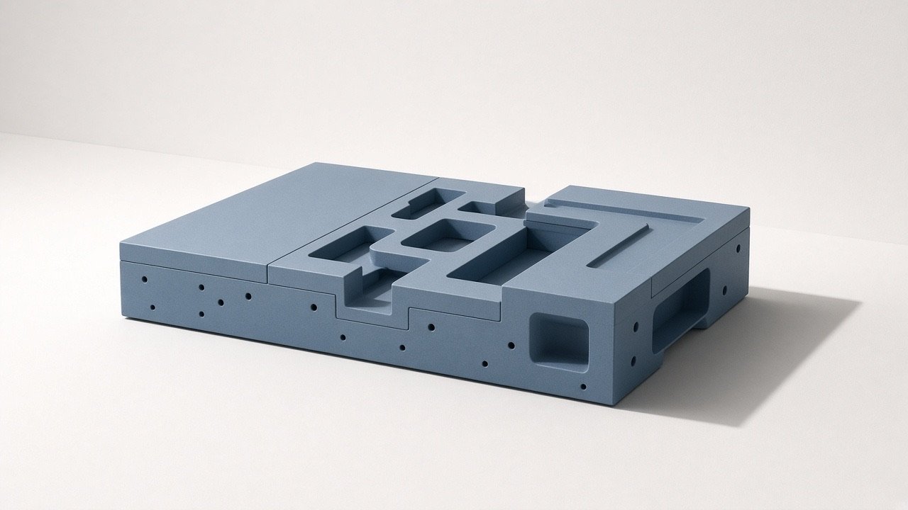 A low mineral-blue technical platform photographed in an empty studio.