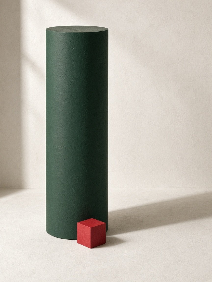 A tall ink-green column with a small carmine cube at its base.