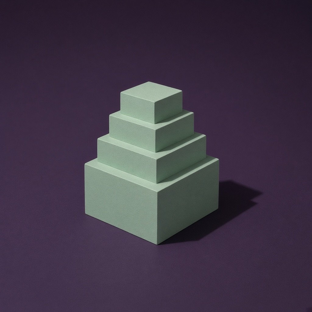 A mint stepped cube on a dark plum ground.