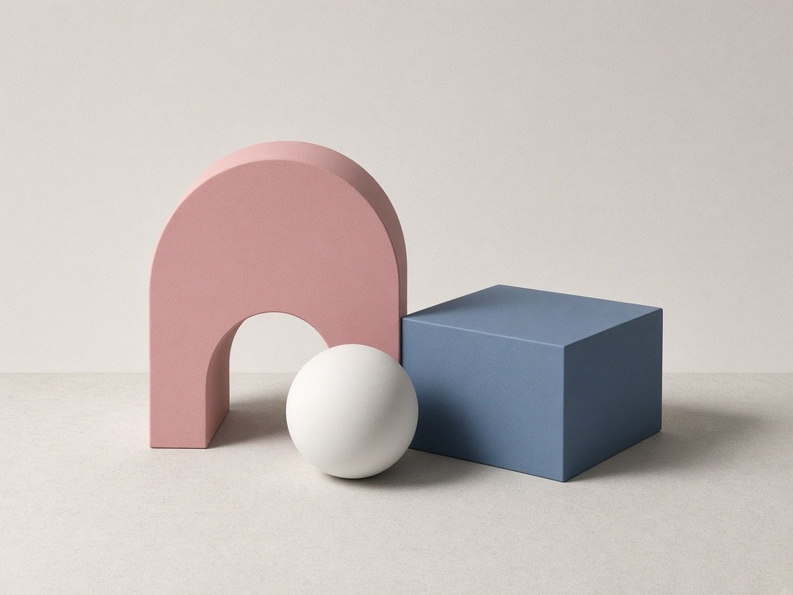 Three interlocking geometric volumes in rose, mineral blue and ceramic white.